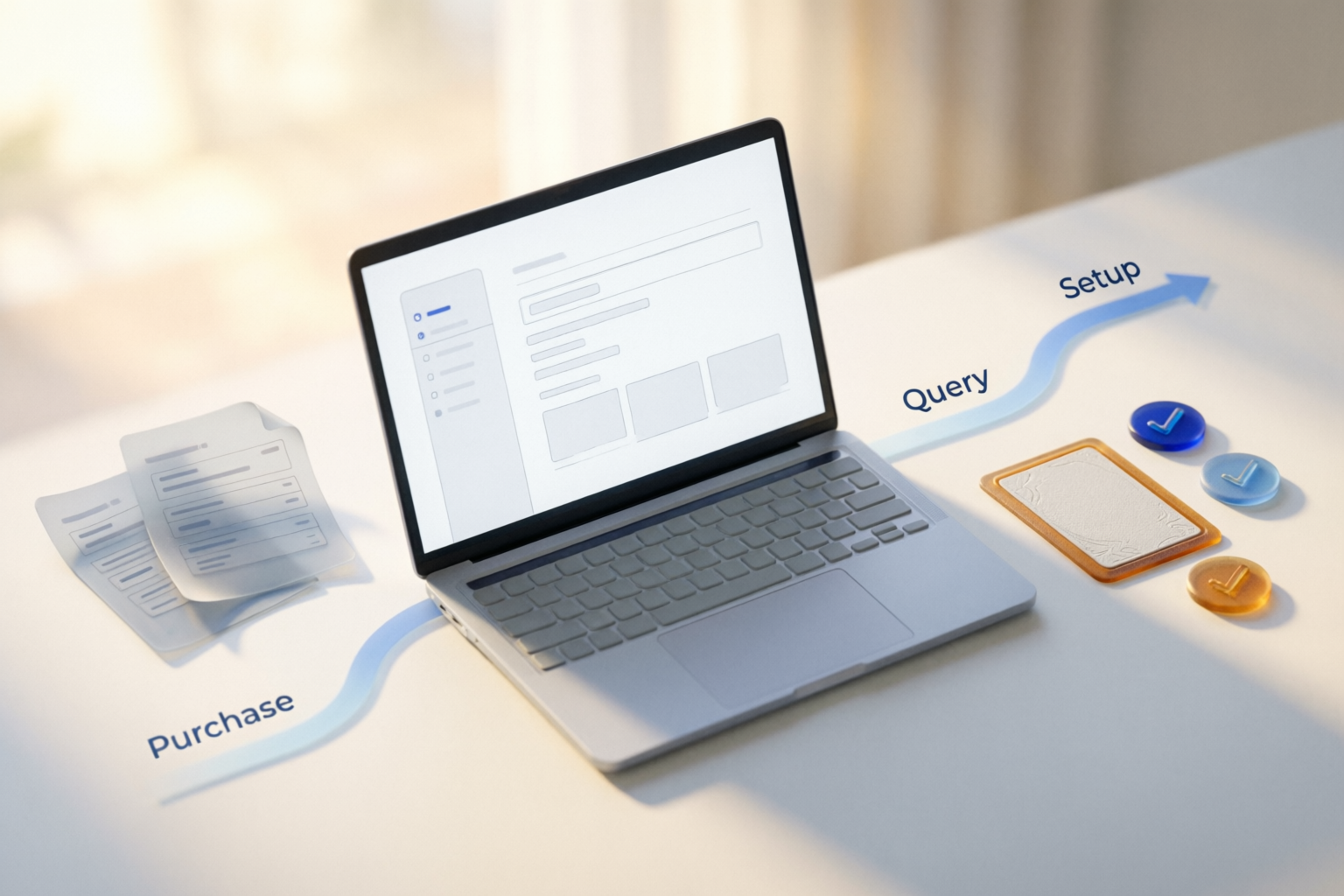 购买、查询和配置流程的辅助插画